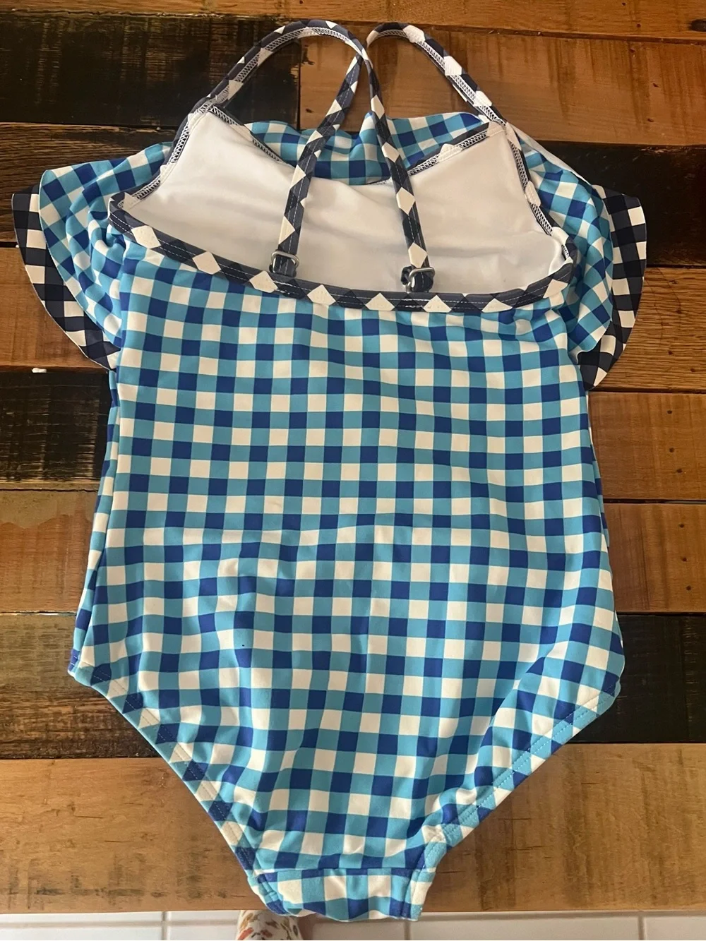 NWOT Draper James Lands End Blue and White Gingham Ruffle One-Piece Swimsuit